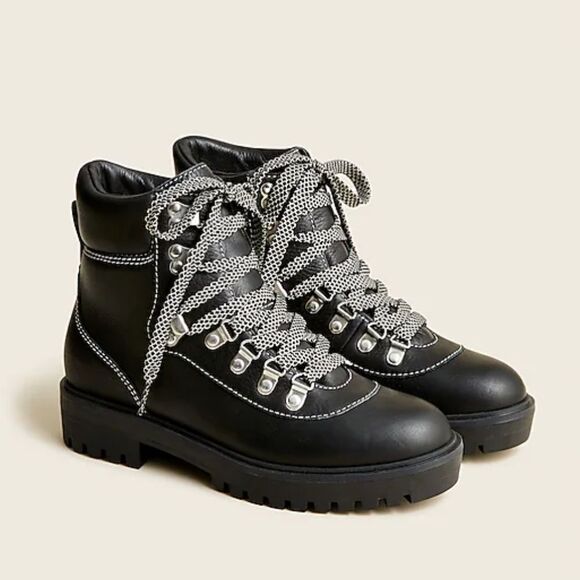J. Crew Black Lightweight Leather Chunky Lace Up Nordic Ankle Boots Size 9 - Picture 1 of 10